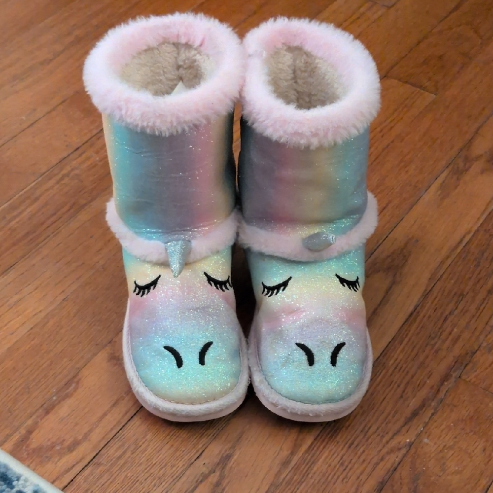 Girls' Pastel Unicorn Glitter Winter Boots - Pink Trim